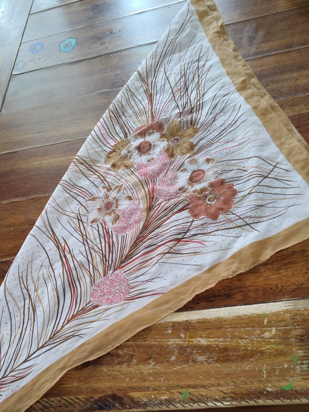 Vintage Floral Feather Print Square Scarf - White, Tan, Brown, Pink
